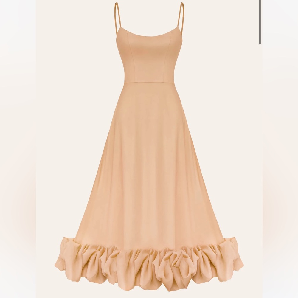 Post Meridiem Flounce Bustier Midi Dress in Gold, Size XXS - Picture 2 of 9